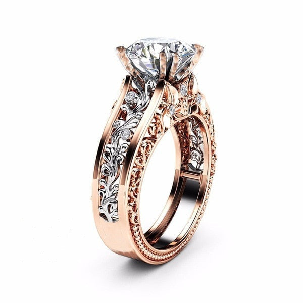 Women's Austrian Vintage Two Tone Silver and Rose Gold Plated Prong Set CZ Ring