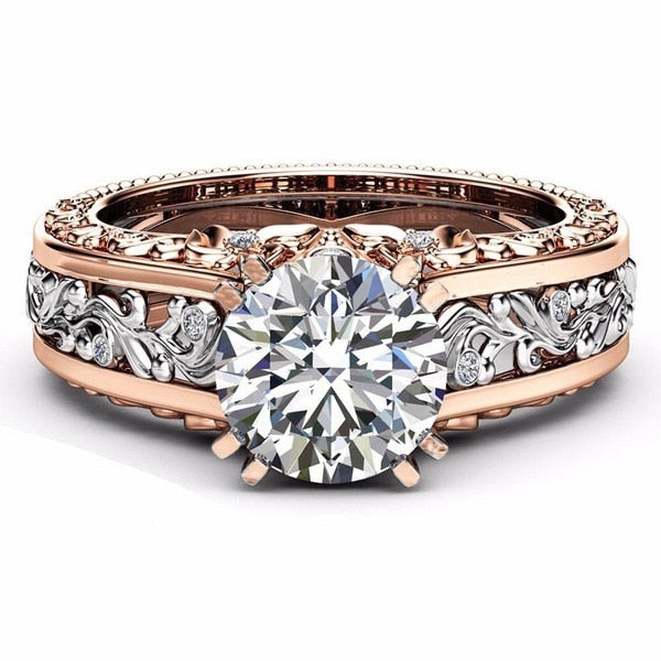 Women's Austrian Vintage Two Tone Silver and Rose Gold Plated Prong Set CZ Ring