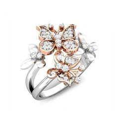 Women's Butterfly Silver and Rose Gold Plated CZ Ring