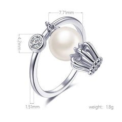 Women's Crown Pearl Pendant Silver Plated CZ Ring