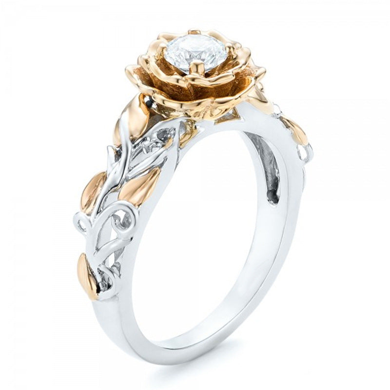 Women's Two Tone Gold and Silver Plated Rose Prong Set CZ Ring