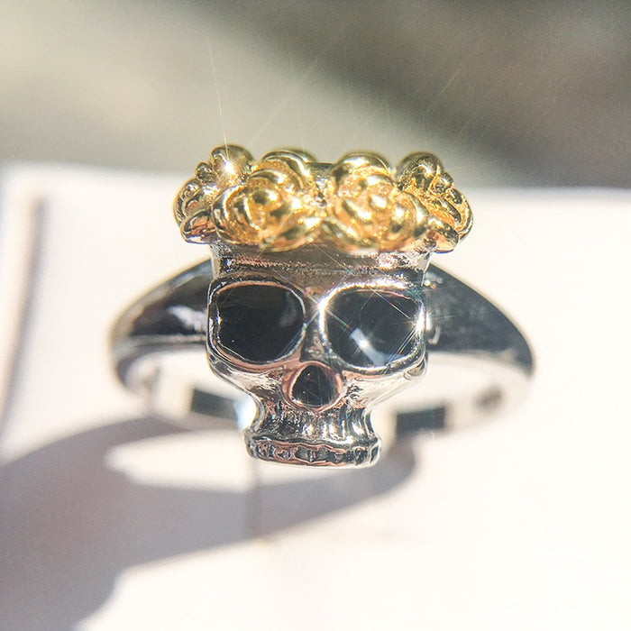 Women's Skull Crowned with Roses Silver and Gold Plated Ring