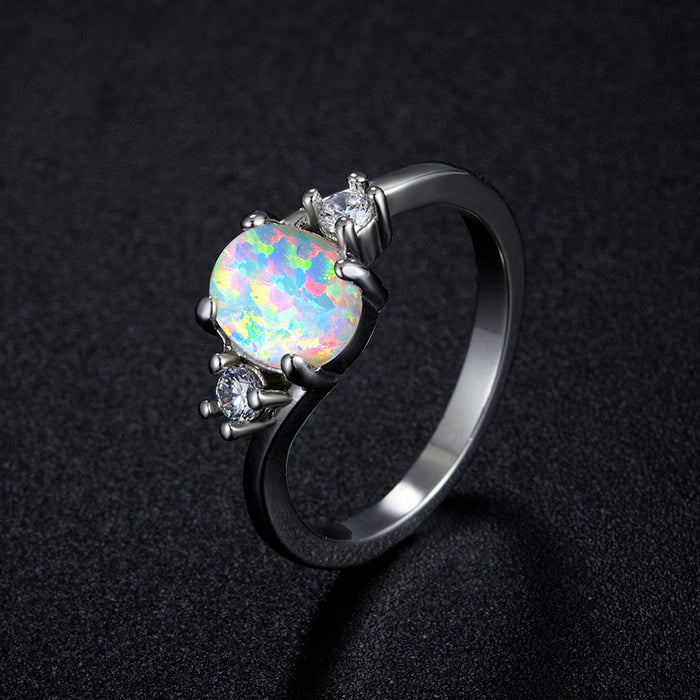 Women's Rainbow Opal and CZ Platinum Plated Ring
