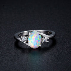 Women's Rainbow Opal and CZ Platinum Plated Ring