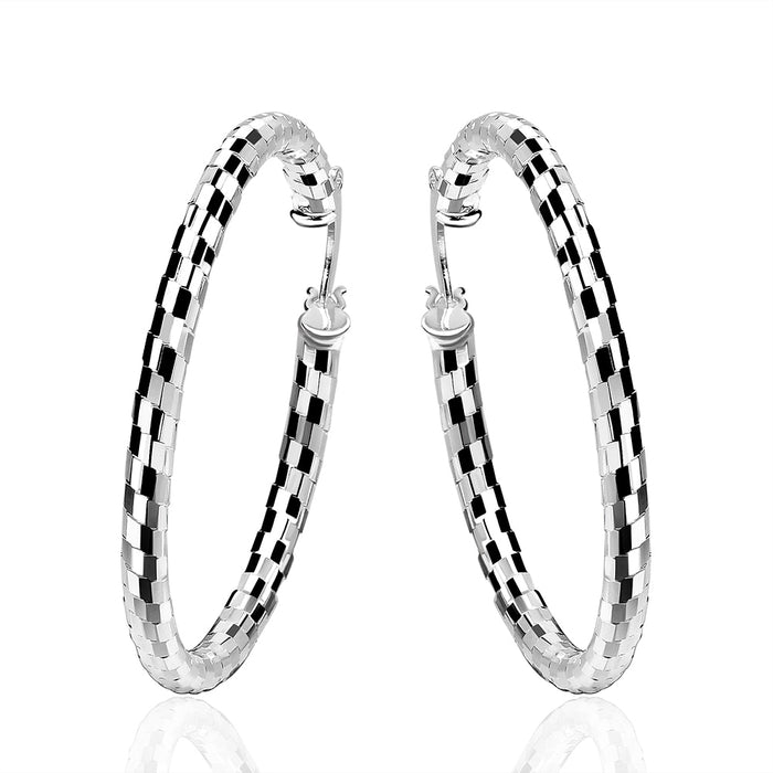 Women's CZ Checkered Silver Plated Classic Hoop Earrings