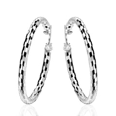 Women's CZ Checkered Silver Plated Classic Hoop Earrings