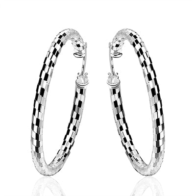 Women's CZ Checkered Silver Plated Classic Hoop Earrings