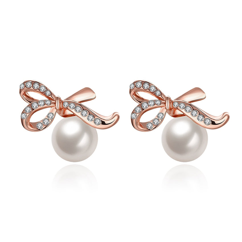 Rose Gold Bow and Simulated Pearl Stud Earrings