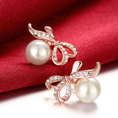 Rose Gold Bow and Simulated Pearl Stud Earrings