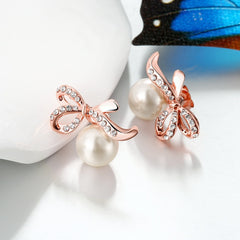 Rose Gold Bow and Simulated Pearl Stud Earrings