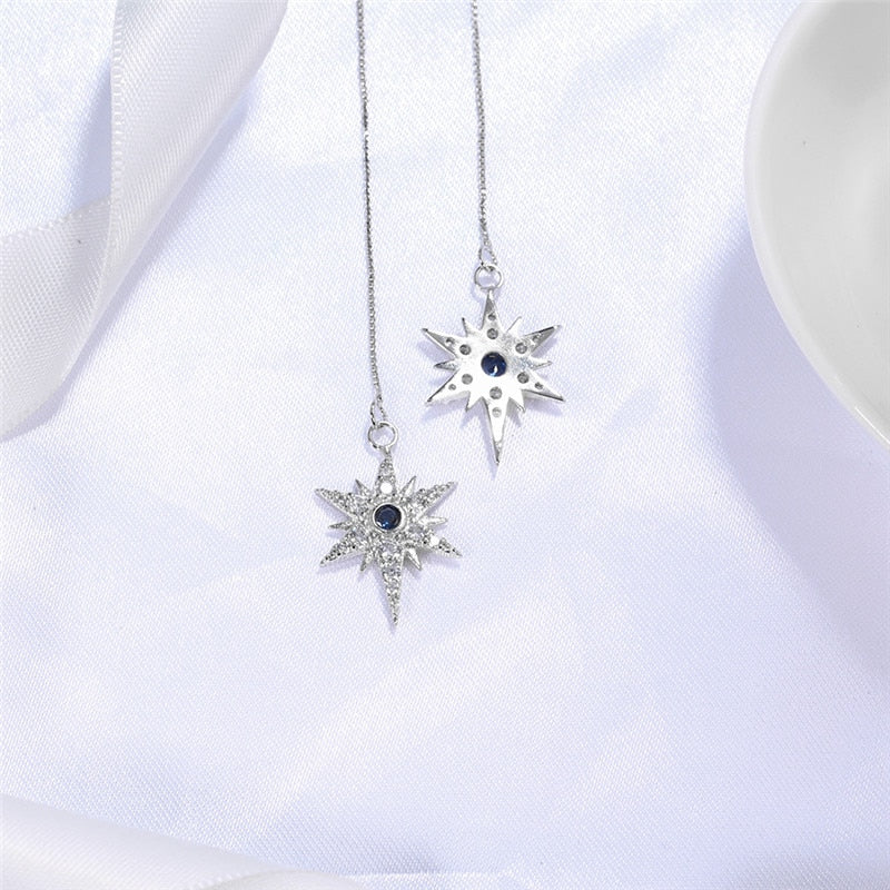 Star Pendant CZ and Blue Zircon Drop Tassel Earrings