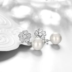 CZ Flower And Simulated Pearl Post Earrings