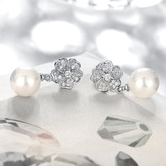 CZ Flower And Simulated Pearl Post Earrings