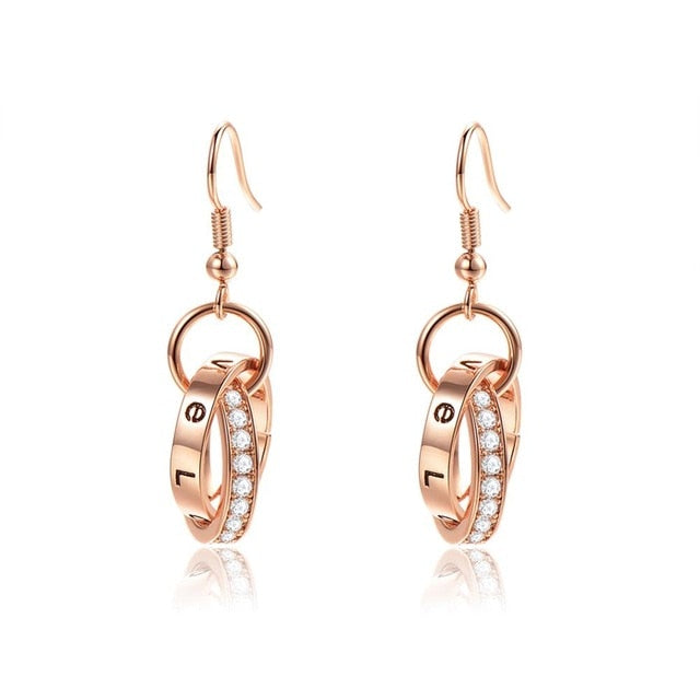 Round Love Pendant CZ Golden Drop Earrings