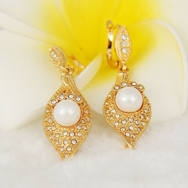 Simulated Pearl And CZ Gold Vintage Indian Style Drop Earrings