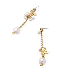 Golden Flower And Simulated Pearl Drop Chain Earrings