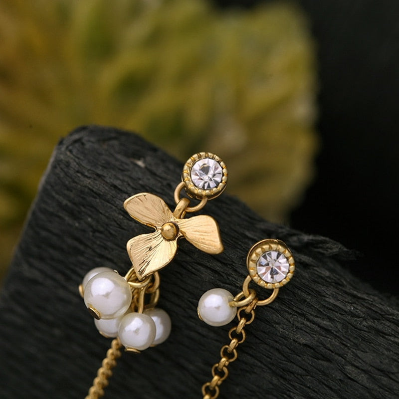 Golden Flower And Simulated Pearl Drop Chain Earrings