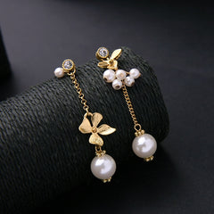 Golden Flower And Simulated Pearl Drop Chain Earrings