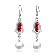 Pearl And Red Ruby Color Drop Earrings