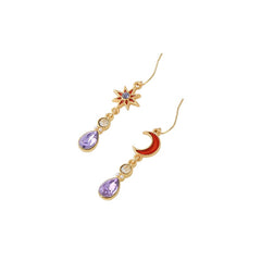 Retro Star And Moon Rhinestone Amethyst Color Drop Earrings