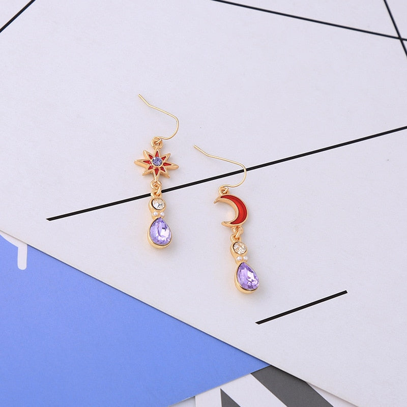 Retro Star And Moon Rhinestone Amethyst Color Drop Earrings