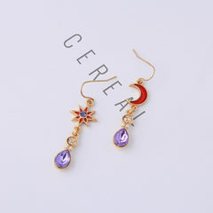 Retro Star And Moon Rhinestone Amethyst Color Drop Earrings