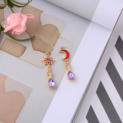 Retro Star And Moon Rhinestone Amethyst Color Drop Earrings