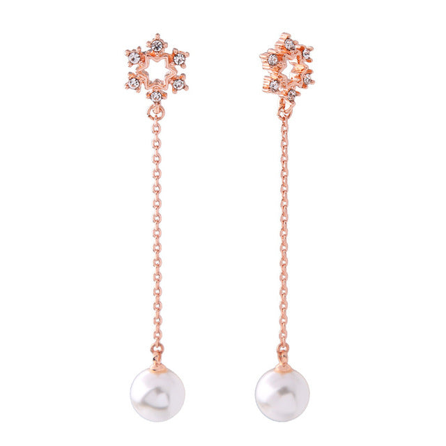 CZ Snowflake Rose Gold plated Drop Pearl Earrings