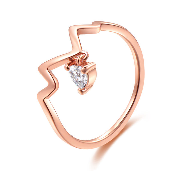 Women's Zigzag Pattern Heart Pendant CZ Rose Gold Plated Ring