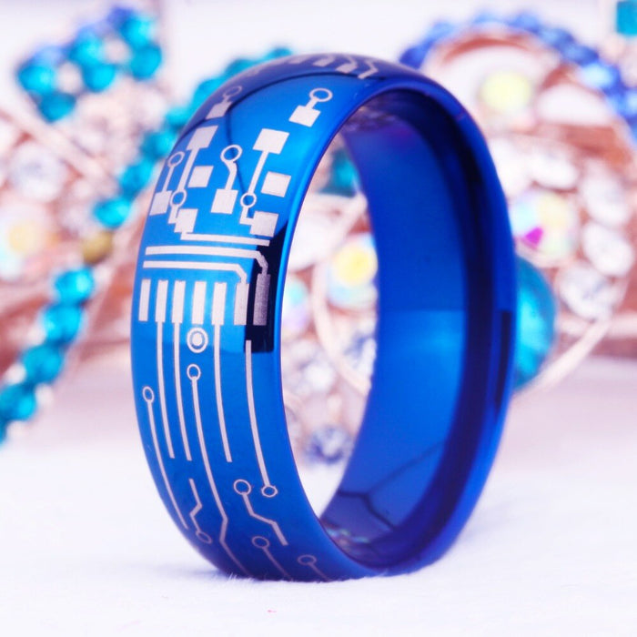 Couple's Matching Set of 6mm and 8mm Silver Engraved Circuit Board Blue Tungsten Carbide Rings
