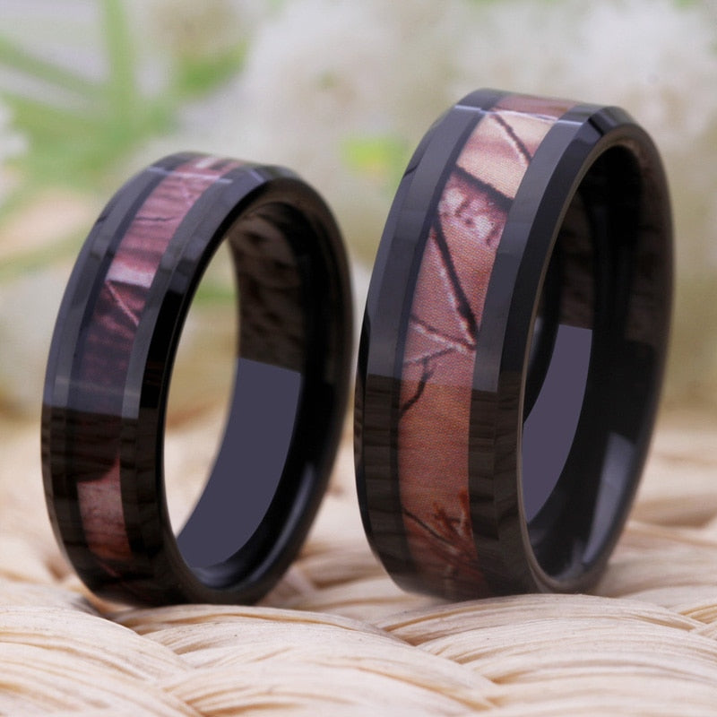 Couple's Matching Set of 6mm and 8mm Inlaid Pink Stone Black Inner Tungsten Carbide Rings