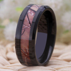 Couple's Matching Set of 6mm and 8mm Inlaid Pink Stone Black Inner Tungsten Carbide Rings