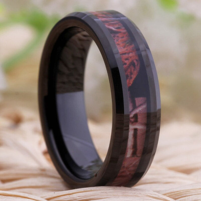 Couple's Matching Set of 6mm and 8mm Inlaid Pink Stone Black Inner Tungsten Carbide Rings