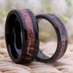 Couple's Matching Set of 6mm and 8mm Inlaid Pink Stone Black Inner Tungsten Carbide Rings