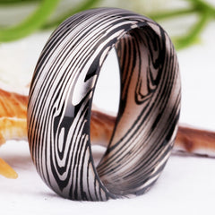 Couple's Matching Set of 6mm and 8mm Silver Damascus Steel Tungsten Carbide Rings