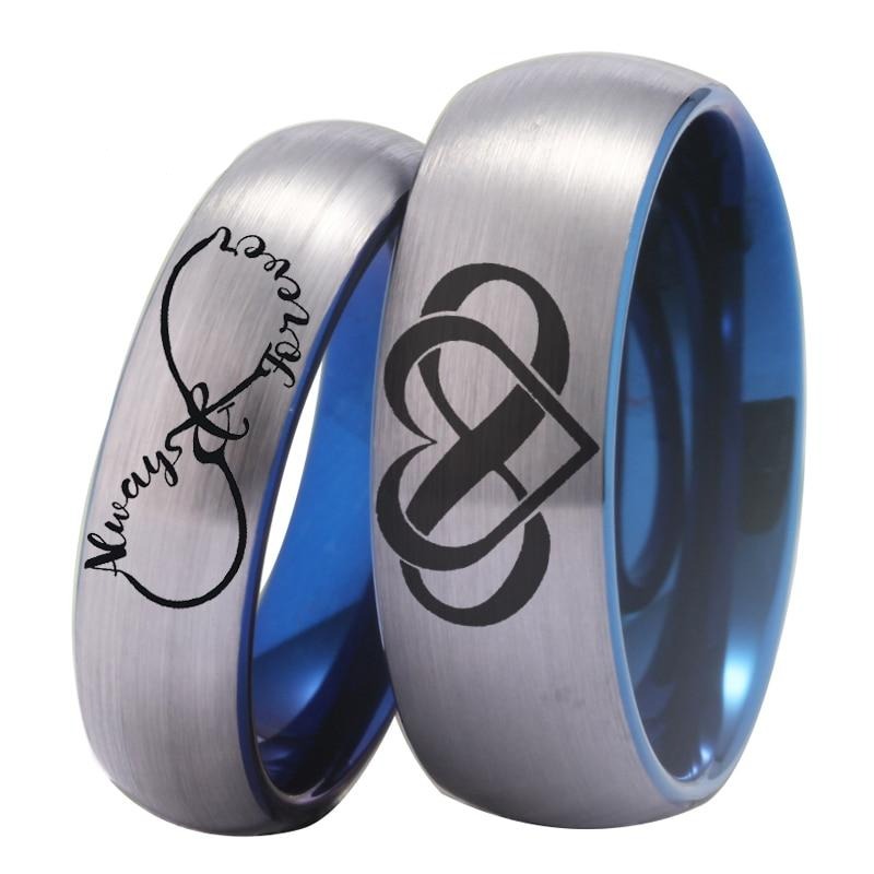 Couple's Matching Set of 6mm and 8mm Matte Silver and Blue Inner 'Always Forever Engraved' Tungsten Carbide Rings