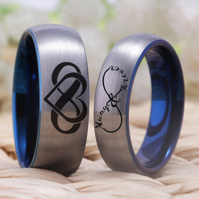 Couple's Matching Set of 6mm and 8mm Matte Silver and Blue Inner 'Always Forever Engraved' Tungsten Carbide Rings