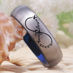 Couple's Matching Set of 6mm and 8mm Matte Silver and Blue Inner 'Always Forever Engraved' Tungsten Carbide Rings