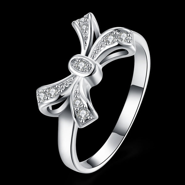 Women's Elegant Bow CZ Silver Plated Ring