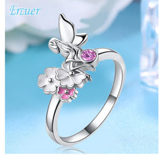 Women's Silver Plated Fairy and Flowers CZ Crystal Ring