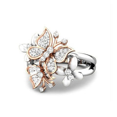 Women's Butterfly Silver and Rose Gold Plated CZ Ring