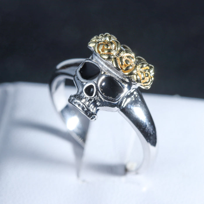 Women's Skull Crowned with Roses Silver and Gold Plated Ring
