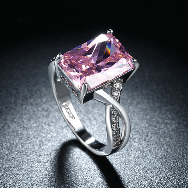 Women's Luxury Square Pink CZ Silver Plated Ring