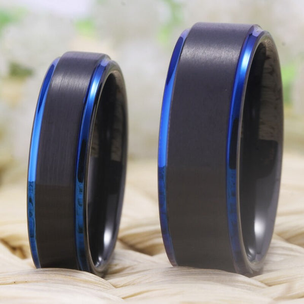 Couple's Matching Set of 6mm and 8mm Black and Blue Bevel Tungsten Carbide Rings