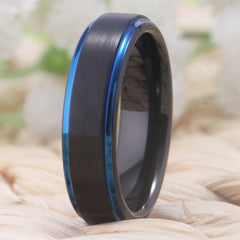 Couple's Matching Set of 6mm and 8mm Black and Blue Bevel Tungsten Carbide Rings