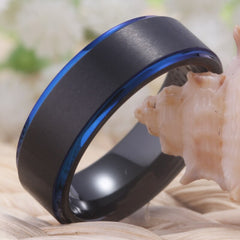 Couple's Matching Set of 6mm and 8mm Black and Blue Bevel Tungsten Carbide Rings