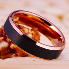 Couple's Matching Set of 4mm and 6mm Brushed Groove and Rose Gold Inner Tungsten Carbide Rings