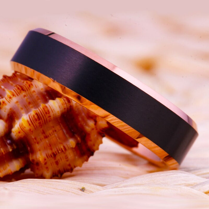 Couple's Matching Set of 4mm and 6mm Brushed Groove and Rose Gold Inner Tungsten Carbide Rings