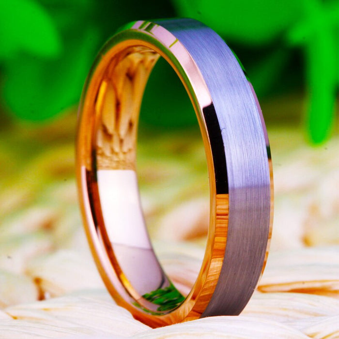 Couple's Matching Set of 4mm and 6mm Brushed Groove and Rose Gold Inner Tungsten Carbide Rings
