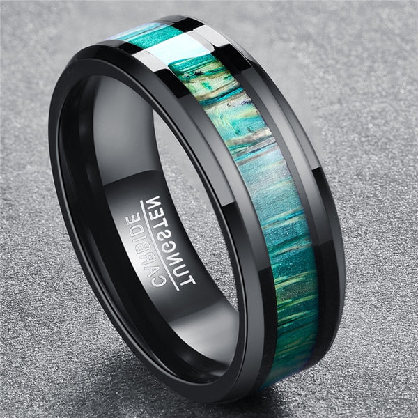 Men's 8mm Seafoam Green Wood Inlay Black Tungsten Carbide Ring